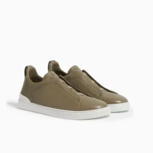 Zegna Secondskin Olive Zegna Triple Stitch Olive Sneakers Luxury Olive Leather Sneakers Zegna Slip-On Designer Shoes Men’s Olive Leather Sneakers