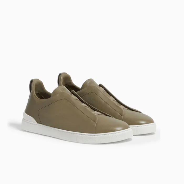 Zegna Secondskin Olive Zegna Triple Stitch Olive Sneakers Luxury Olive Leather Sneakers Zegna Slip-On Designer Shoes Men’s Olive Leather Sneakers