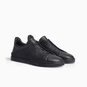 Zegna Triple Stitch Black Zegna Deerskin Sneakers Zegna Black Slip-On Sneakers Luxury Black Leather Sneakers Zegna Designer Footwear