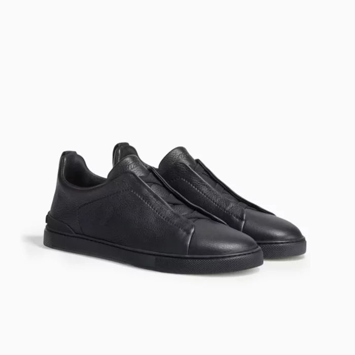 Zegna Triple Stitch Black Zegna Deerskin Sneakers Zegna Black Slip-On Sneakers Luxury Black Leather Sneakers Zegna Designer Footwear