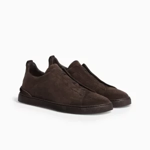 Zegna Triple Stitch Brown Zegna Suede Sneakers Zegna Brown Leather Sneakers Luxury Brown Slip-On Sneakers Zegna Designer Footwear