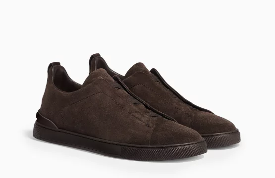 Zegna Triple Stitch Brown Zegna Suede Sneakers Zegna Brown Leather Sneakers Luxury Brown Slip-On Sneakers Zegna Designer Footwear