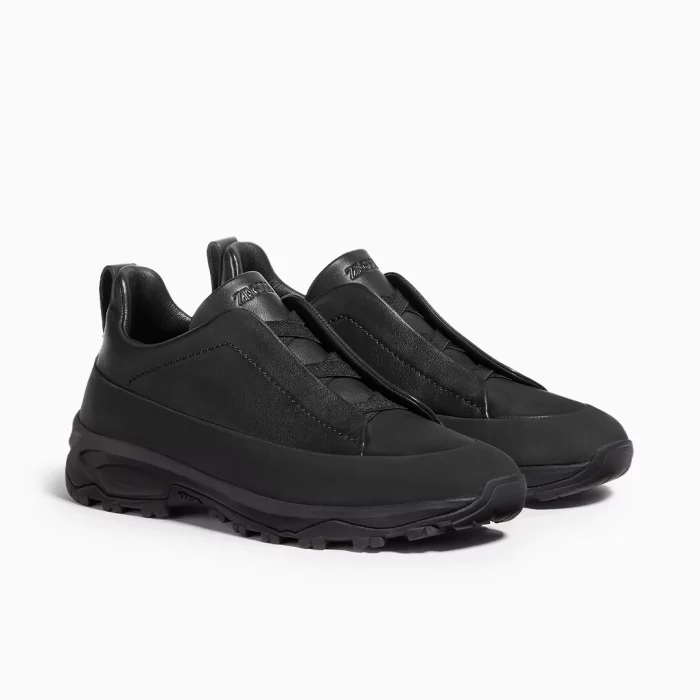 Zegna Triple Stitch Black Zegna Monte Sneakers Black Zegna Suede Leather Sneakers Luxury Black Slip-On Sneakers Zegna Designer Footwear