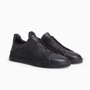 Zegna Triple Stitch Black Zegna Deerskin Sneakers Zegna Black Slip-On Sneakers Luxury Black Leather Sneakers Zegna Designer Footwear