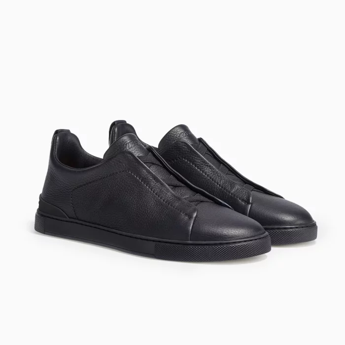 Zegna Triple Stitch Black Zegna Deerskin Sneakers Zegna Black Slip-On Sneakers Luxury Black Leather Sneakers Zegna Designer Footwear