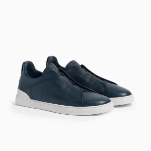 Zegna Deerskin Sneakers Triple Stitch Navy Leather Sneakers Luxury Navy Blue Zegna Shoes Zegna Slip-On Leather Sneakers Zegna Designer Sneakers Men