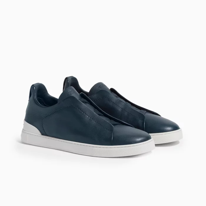 Zegna Deerskin Sneakers Triple Stitch Navy Leather Sneakers Luxury Navy Blue Zegna Shoes Zegna Slip-On Leather Sneakers Zegna Designer Sneakers Men