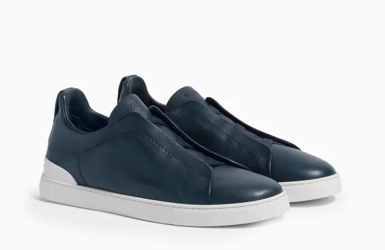 Zegna Deerskin Sneakers Triple Stitch Navy Leather Sneakers Luxury Navy Blue Zegna Shoes Zegna Slip-On Leather Sneakers Zegna Designer Sneakers Men