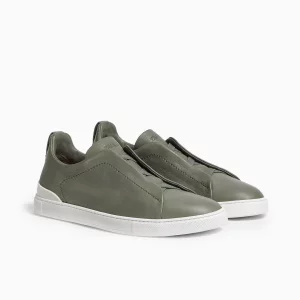 Zegna Triple Stitch Green Zegna Army Green Sneakers Zegna Slip-On Leather Sneakers Luxury Green Designer Sneakers Zegna Premium Footwear