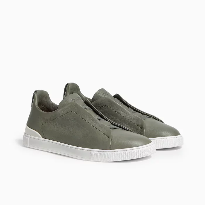 Zegna Triple Stitch Green Zegna Army Green Sneakers Zegna Slip-On Leather Sneakers Luxury Green Designer Sneakers Zegna Premium Footwear