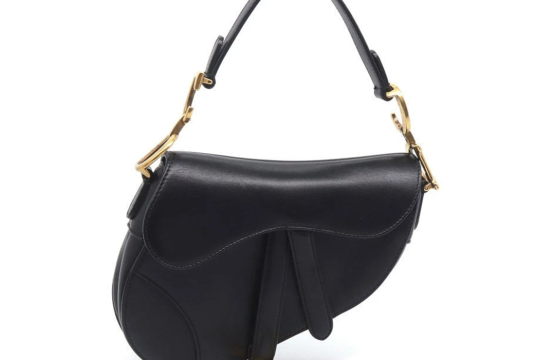 Christian Dior Saddle Bag Black Leather Handbag Gold Bracket