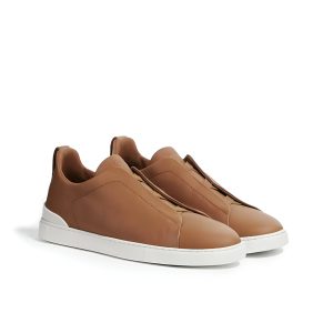 Zegna Secondskin Sneakers Zegna Dark Beige Triple Stitch Zegna Luxury Slip-On Sneakers Men’s Beige Designer Sneakers Zegna Premium Leather Sneakers